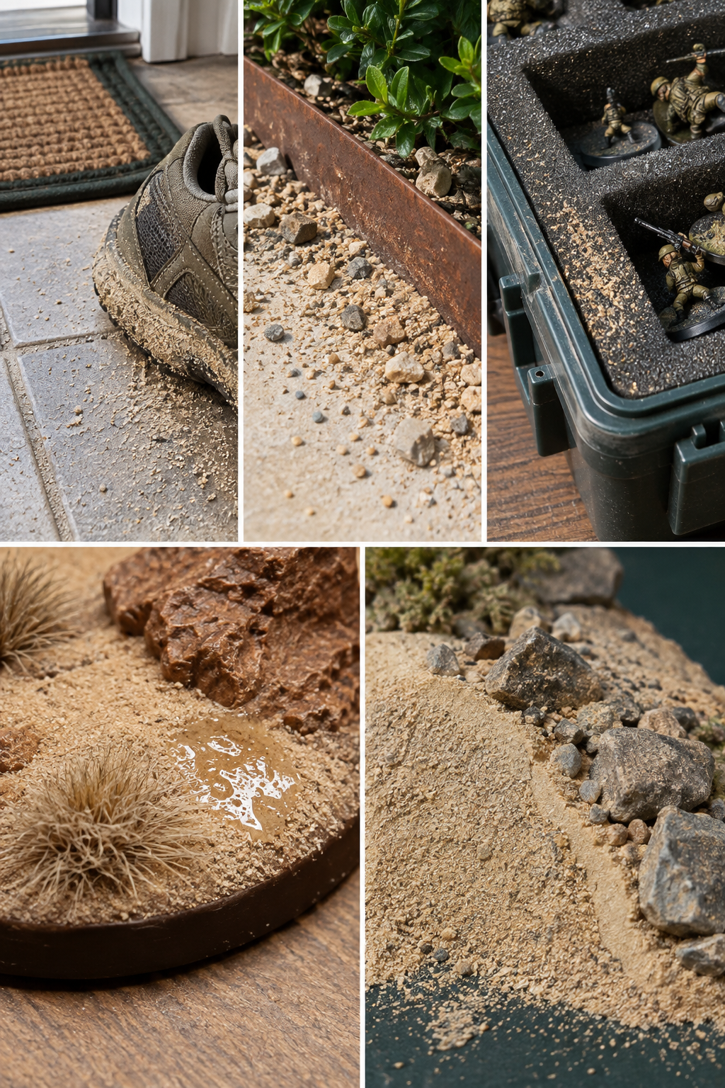 Collage of scattered sand and disturbed miniature surfaces