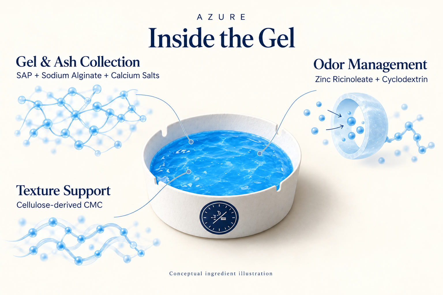 Inside the Gel — conceptual ingredient illustration for gel and ash collection, odor management and texture support