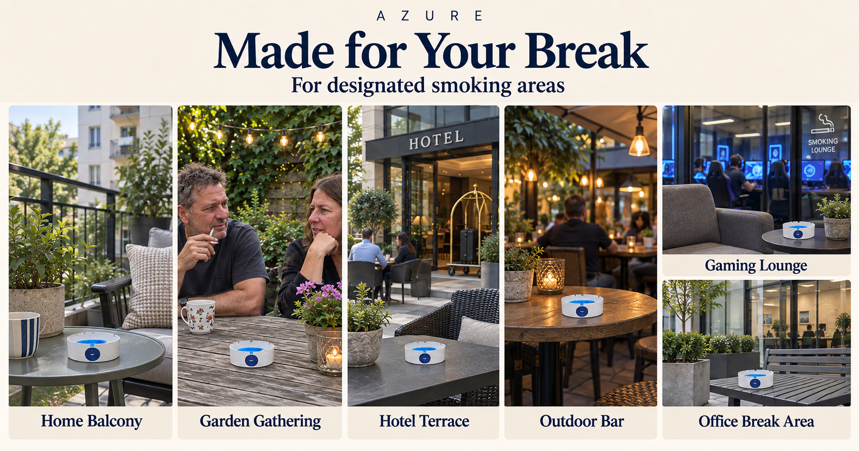 Six designated smoking area settings — home balcony, garden gathering, hotel terrace, outdoor bar, gaming lounge and office break area