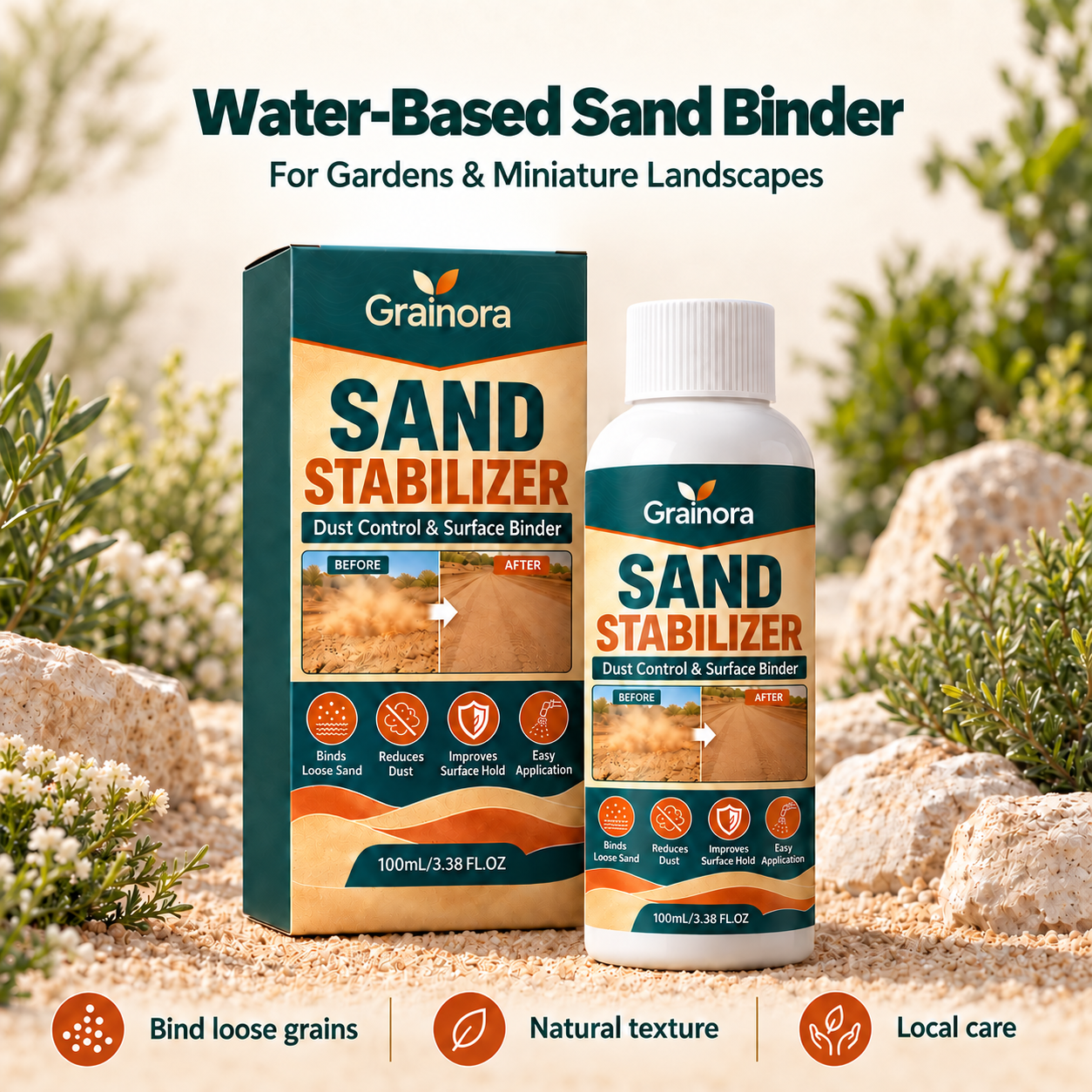 Grainora bottle and box with a garden mineral surface