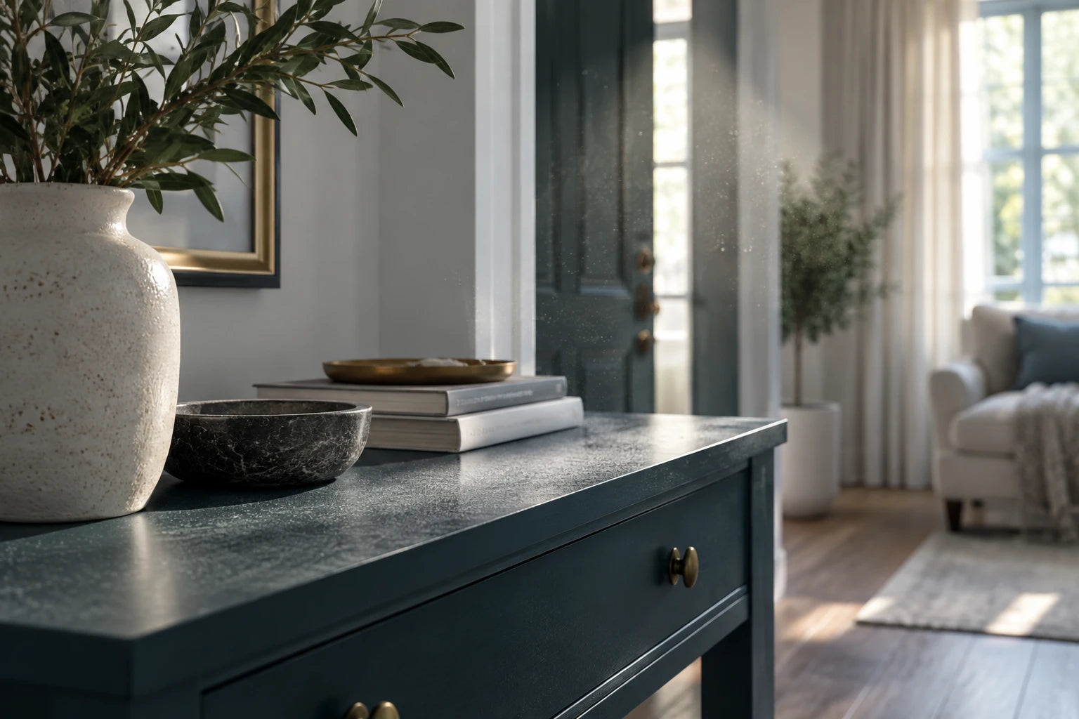 Fine airborne dust visible in a sunbeam above a shelf in a tidy room