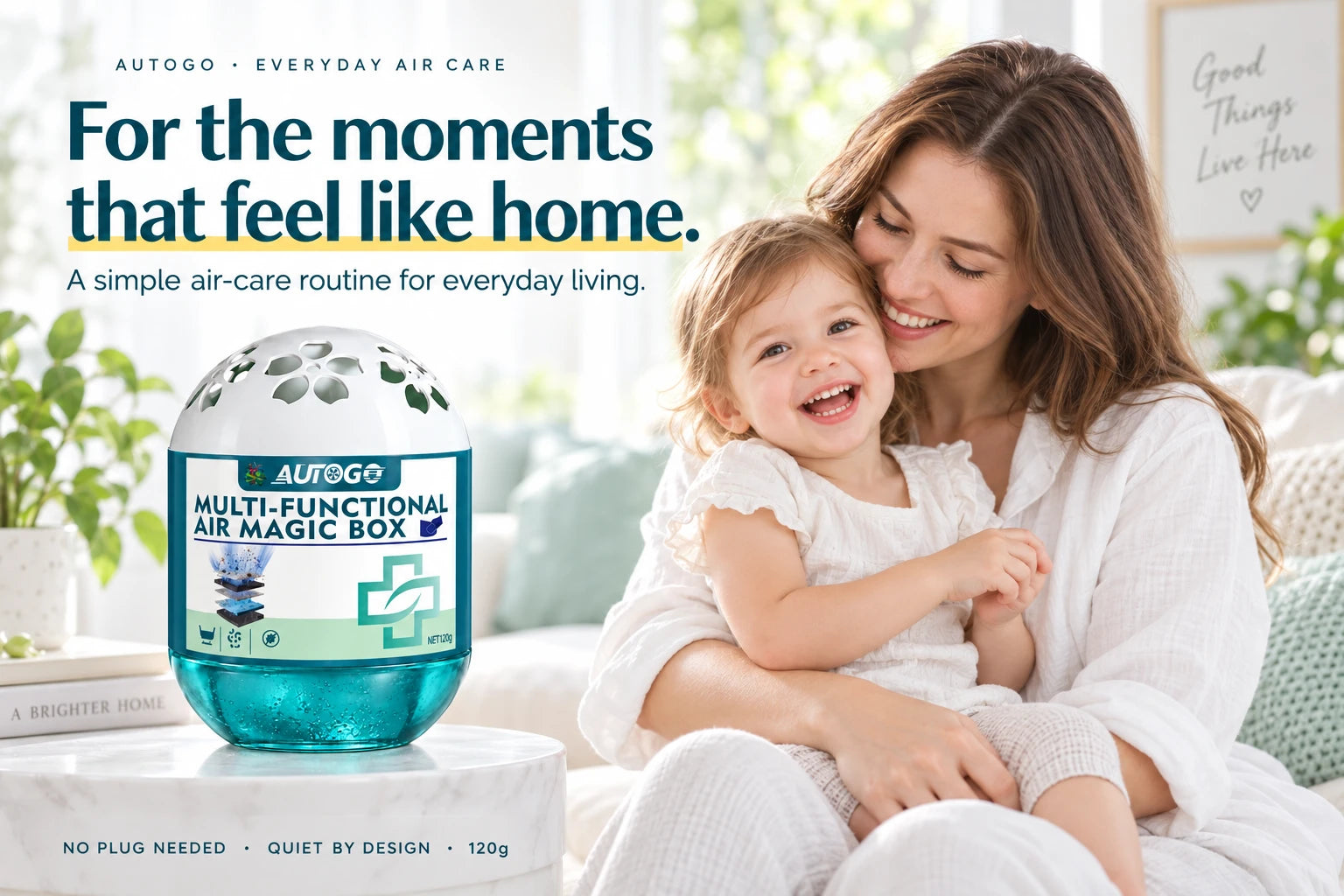 AUTOGO air-care gel with a mother embracing her child in a sunlit home. No plug needed, quiet by design, 120g.