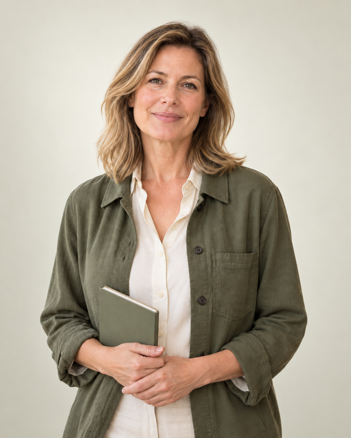 AI-generated portrait of fictional home care advisor Claire Wilson against a minimal warm ivory studio backdrop