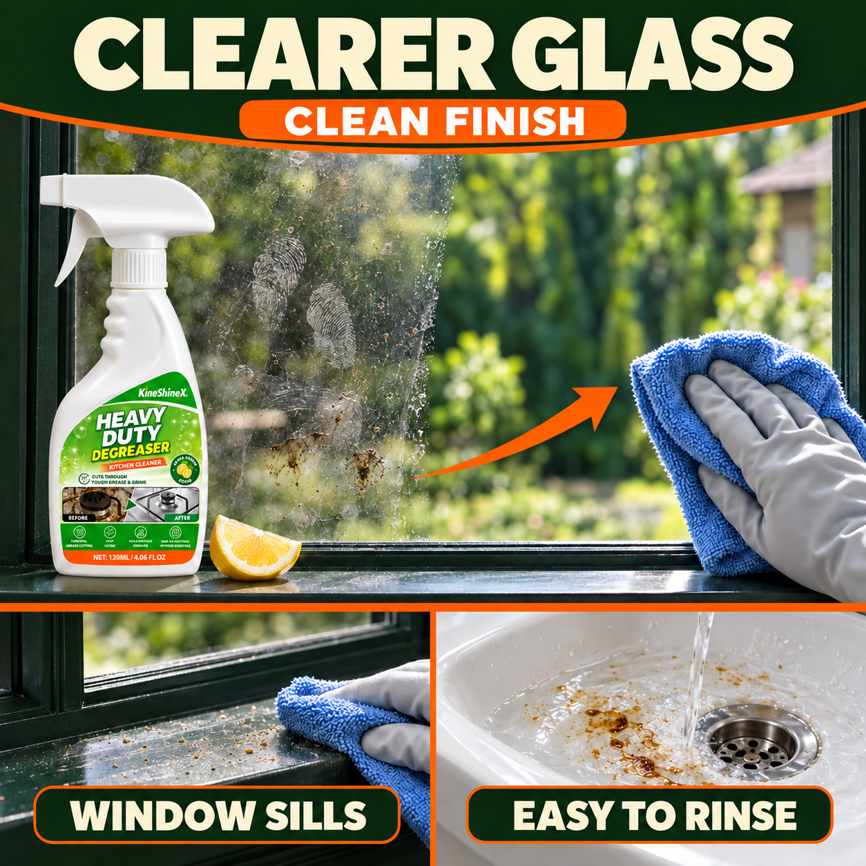 Glass and windowsill cleaning with easy rinsing