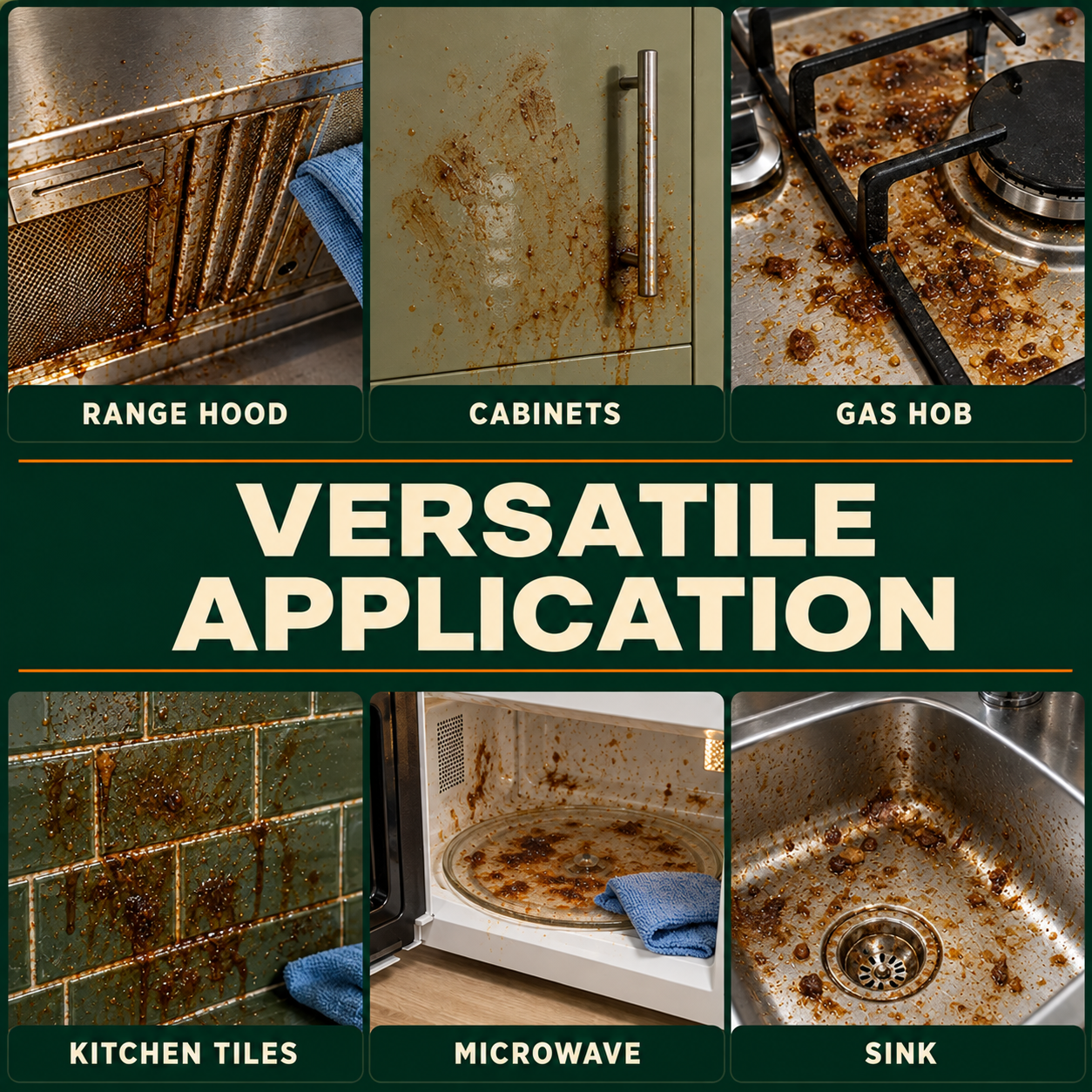 Cleaning scenes for range hoods, cabinets, hobs, tiles, microwaves and sinks