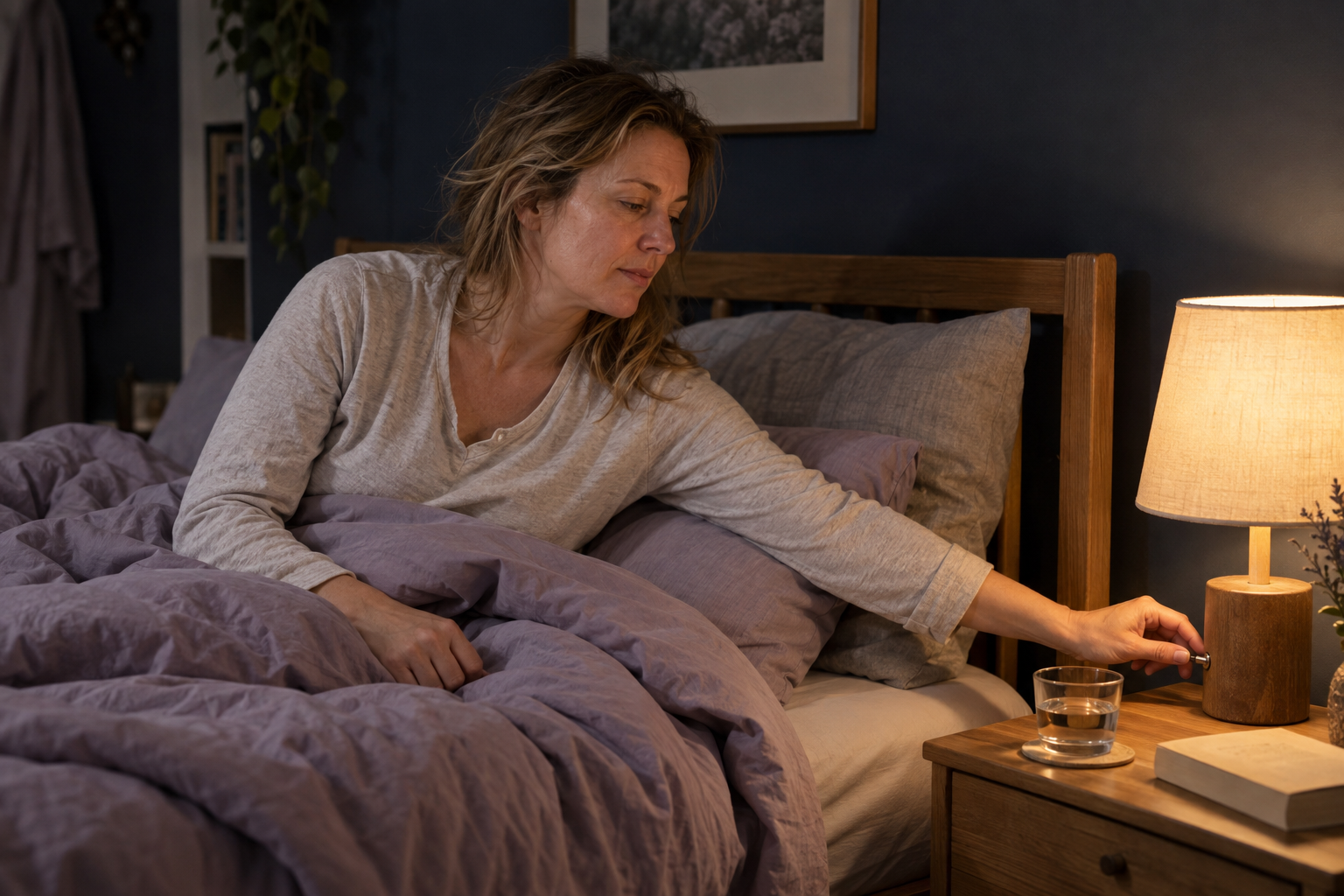 A woman reaches to switch off her bedside lamp at the end of the evening.