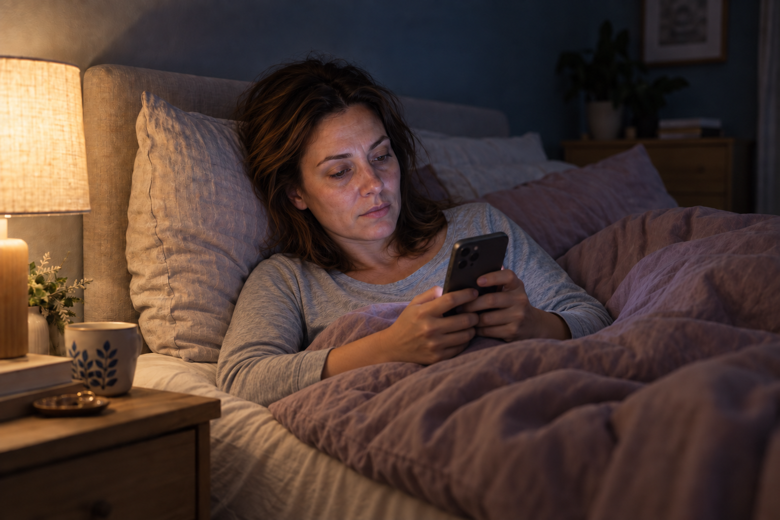 A woman in bed still looking at her phone in the warm light of a bedside lamp.