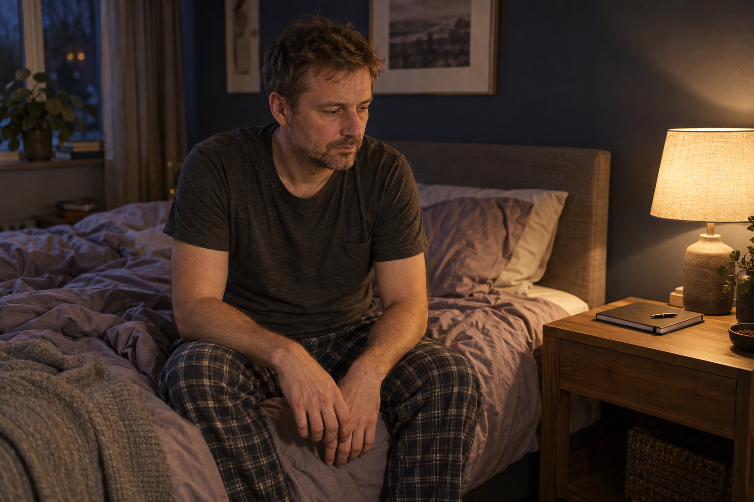 A man sits thoughtfully on the edge of his bed, a closed notebook on the bedside table.