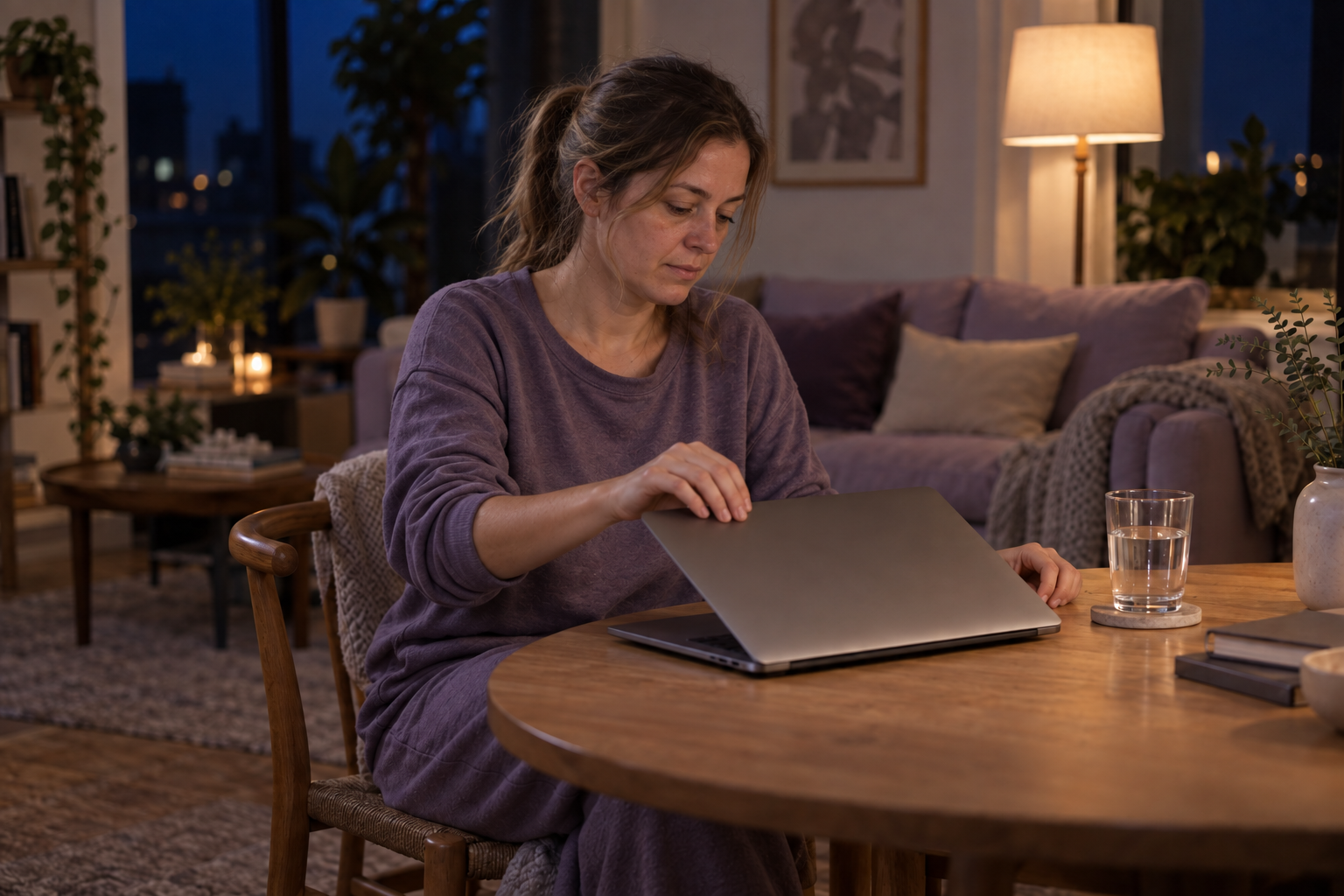 A woman casually closes her laptop in her living room at the end of the evening.