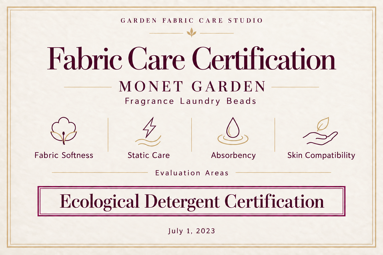 Monet Garden fabric care certificate design