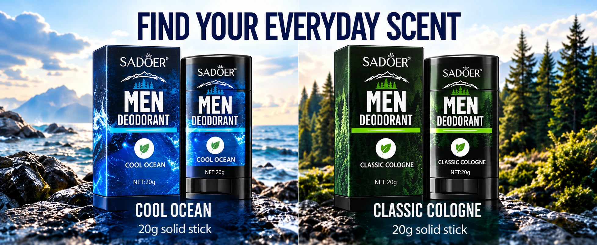 Find your everyday scent: Cool Ocean and Classic Cologne, 20g solid sticks