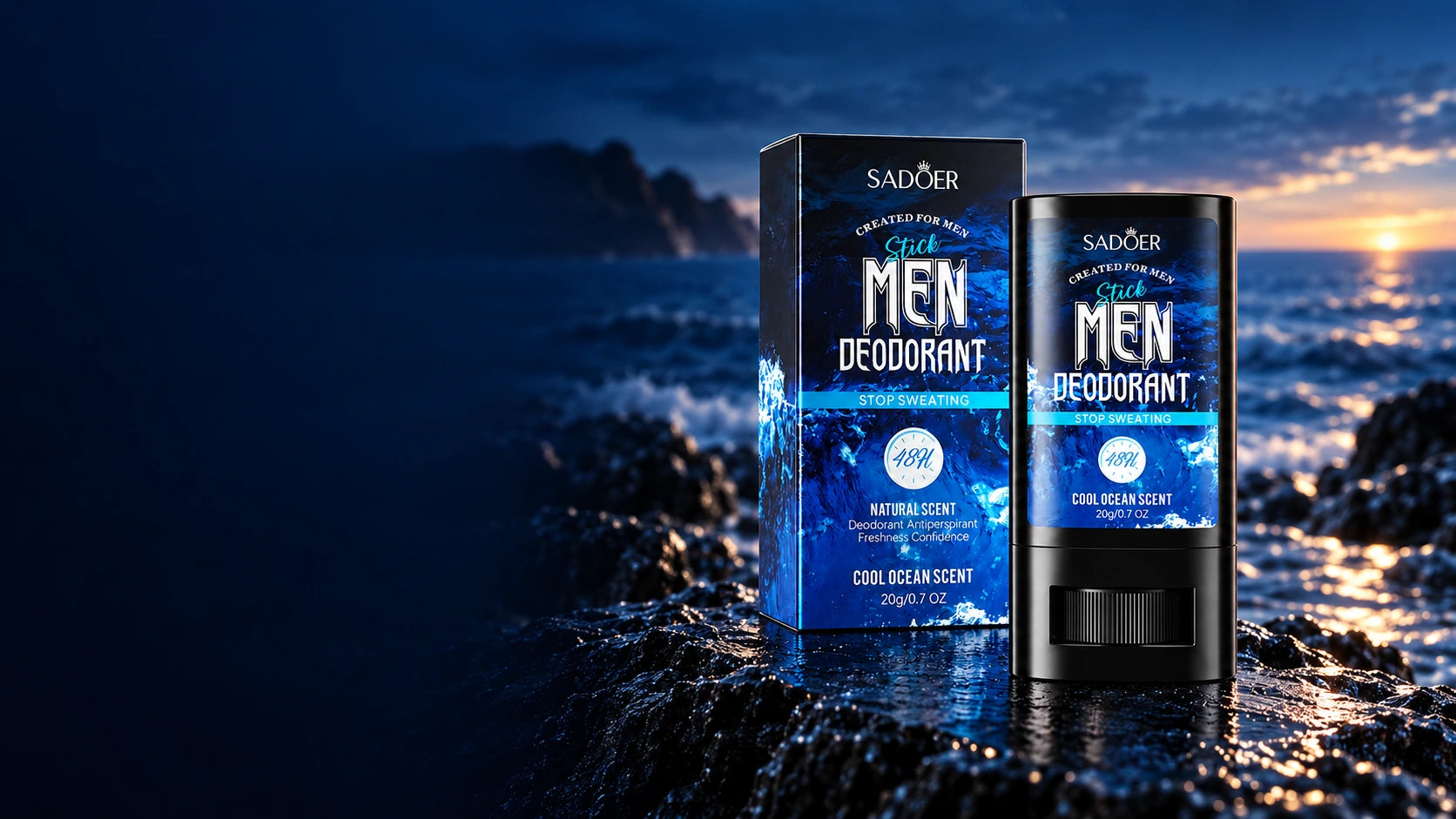 SADOER Cool Ocean deodorant stick and carton on coastal rocks at dusk