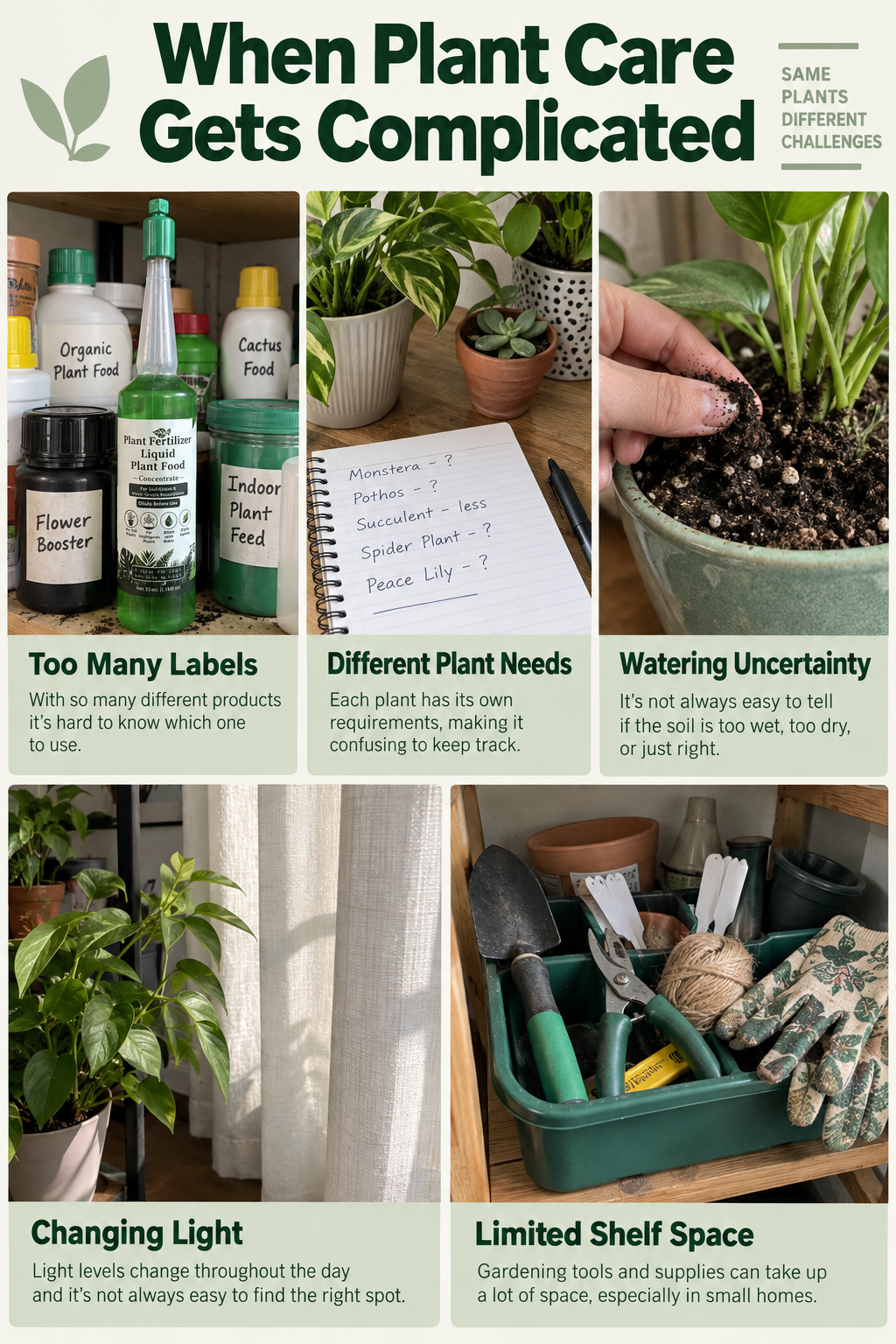 Five everyday plant-care challenges: labels, different plants, watering, light and storage