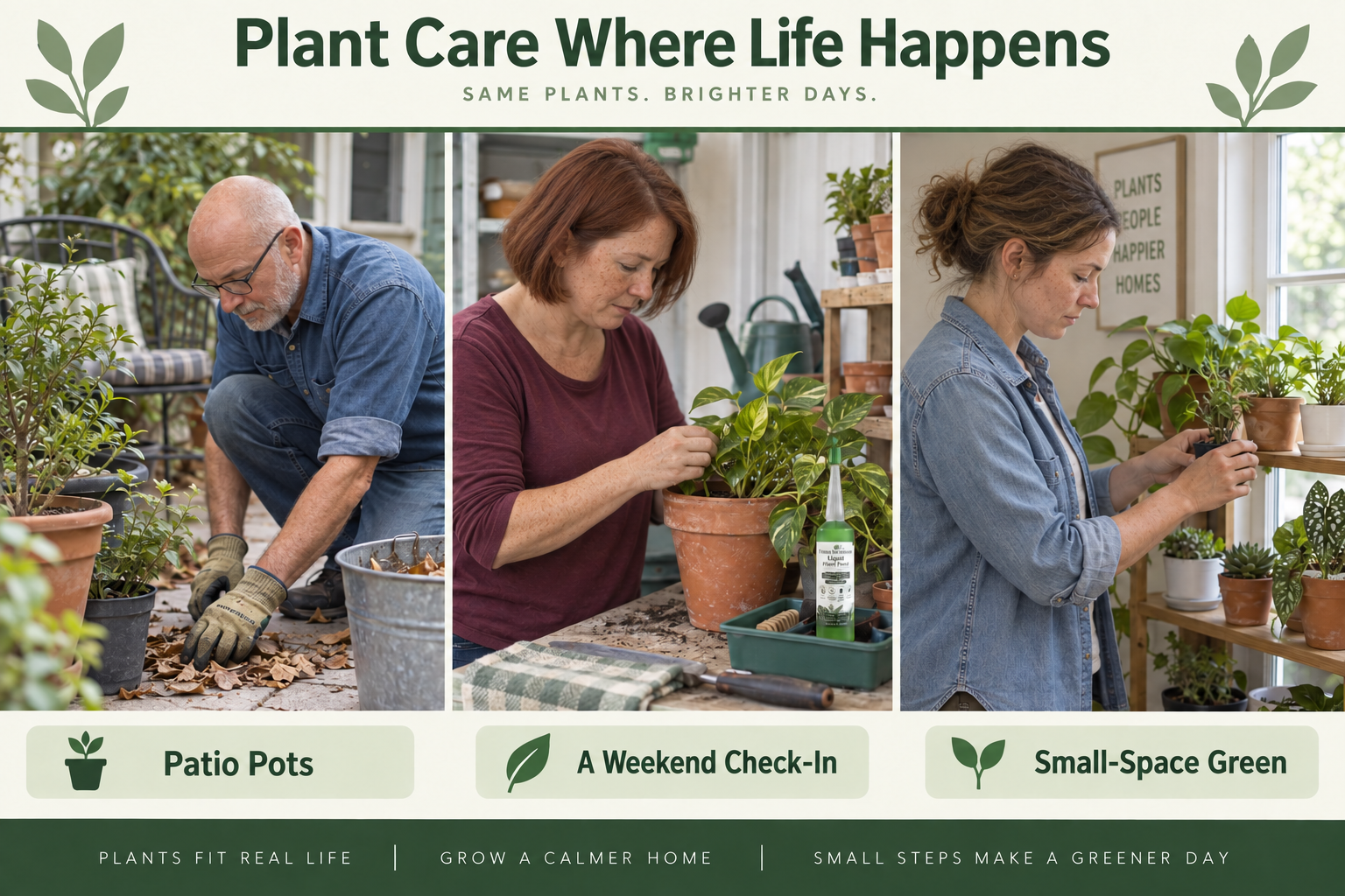 Three new candid scenes: patio pots, weekend pot check and a small window shelf
