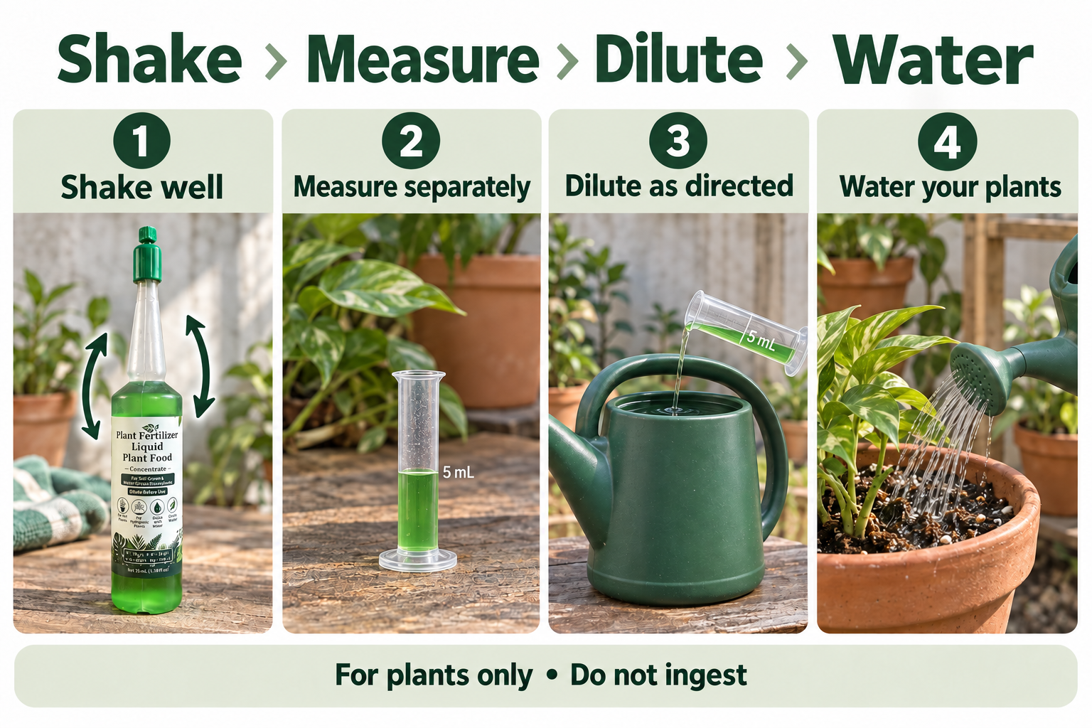 Shake, measure with a dedicated tool, dilute and water the plant