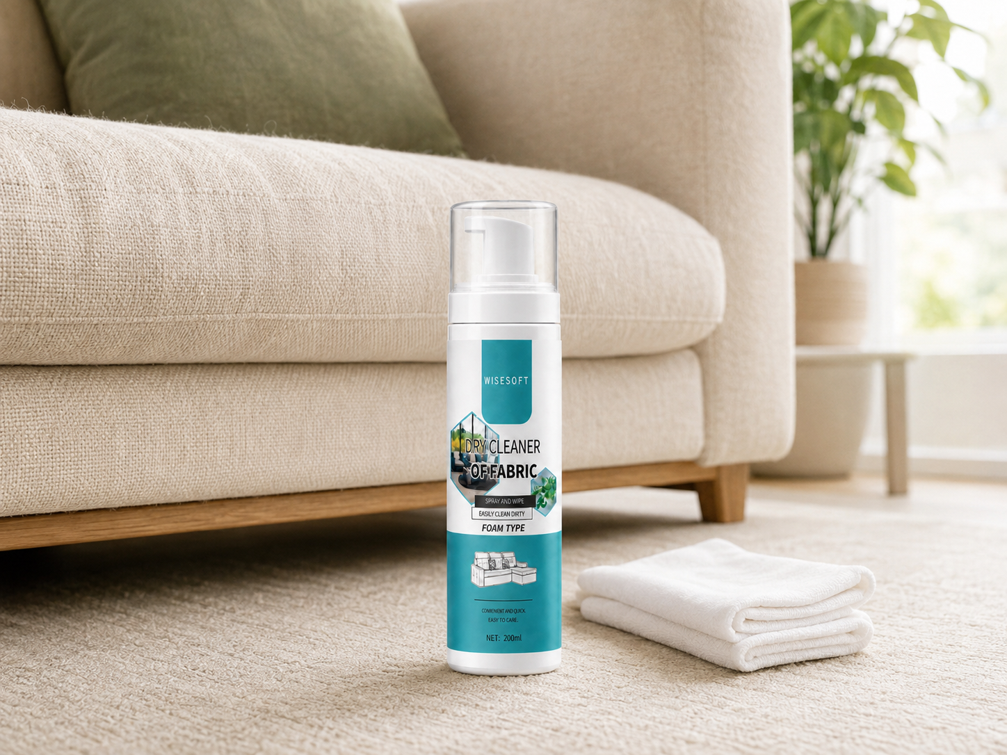 WISESOFT cleaner beside a washable fabric sofa and rug