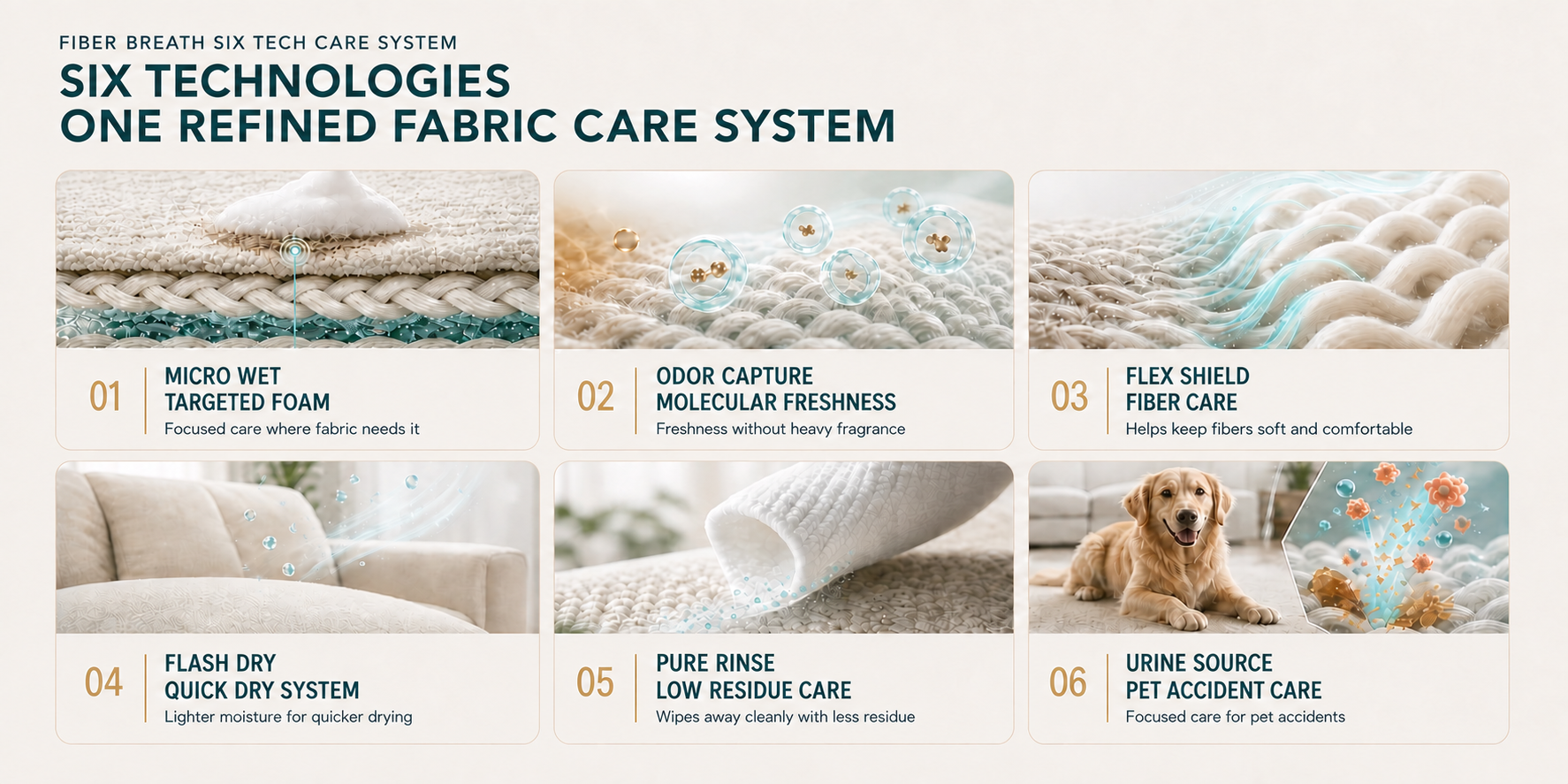 Fiber Breath six-technology fabric care system, including targeted foam, molecular freshness, fiber care, quick drying, low-residue care, and pet stain and odor care