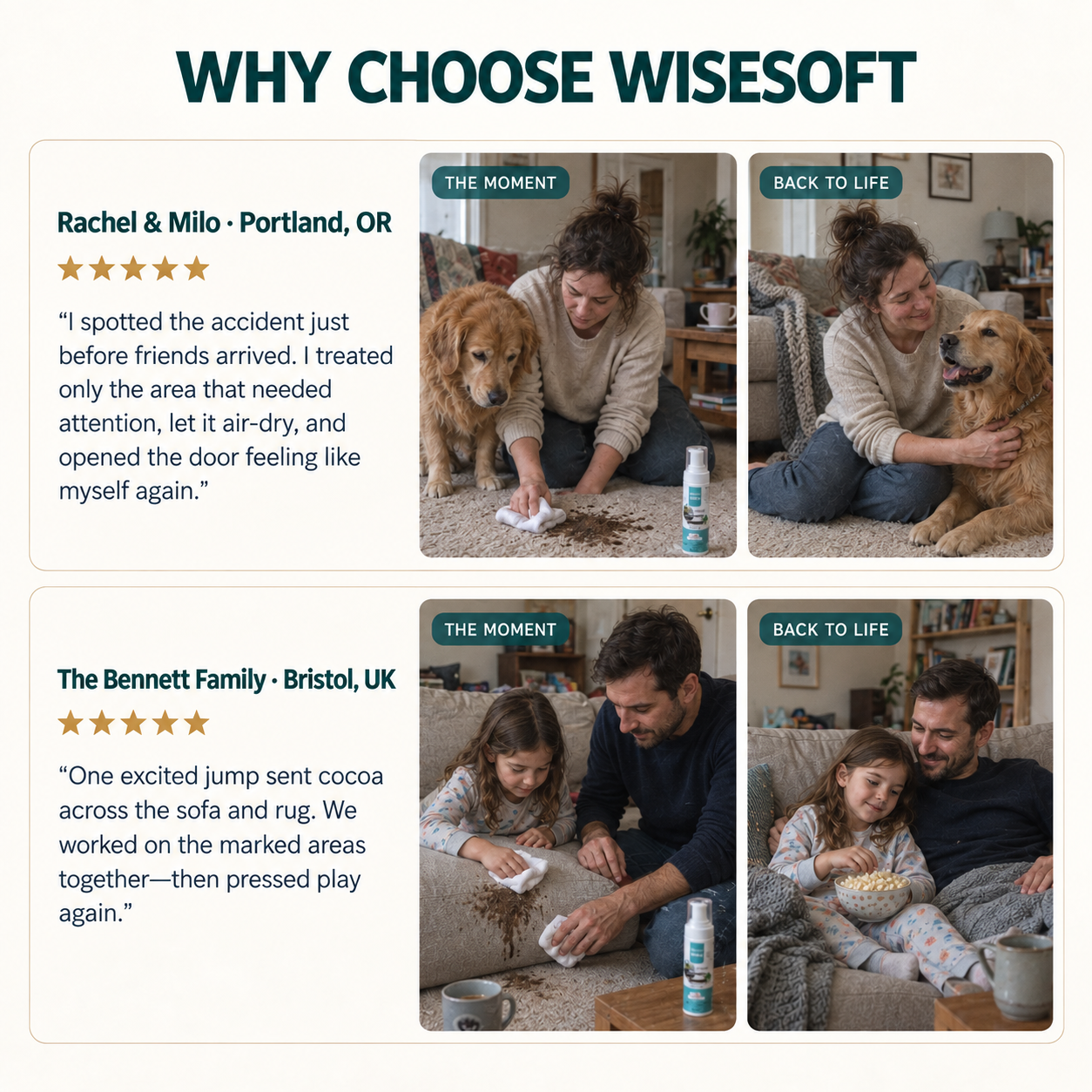 Why choose WISESOFT customer stories featuring Rachel and Milo in Portland and the Bennett family in Bristol