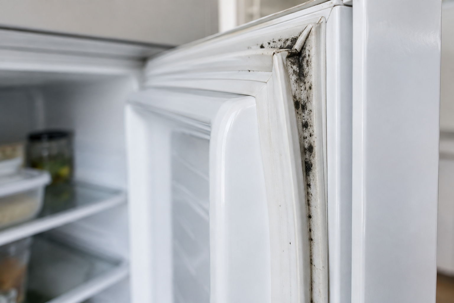 Black mold spots inside a refrigerator door seal